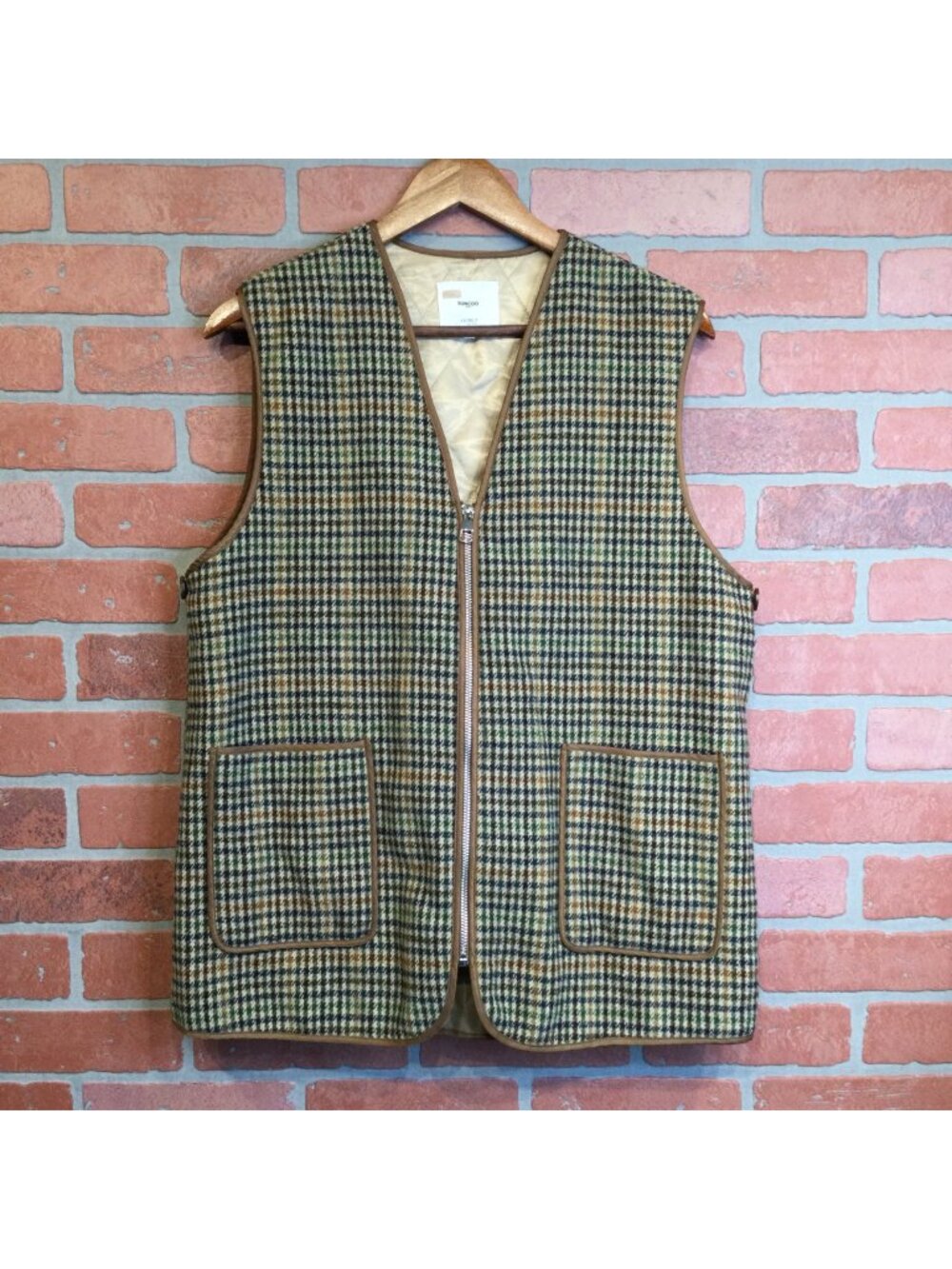 Suncoo Paris Houndstooth Wool Blend Quilted Vest Zip Up Size M Old Money Preppy